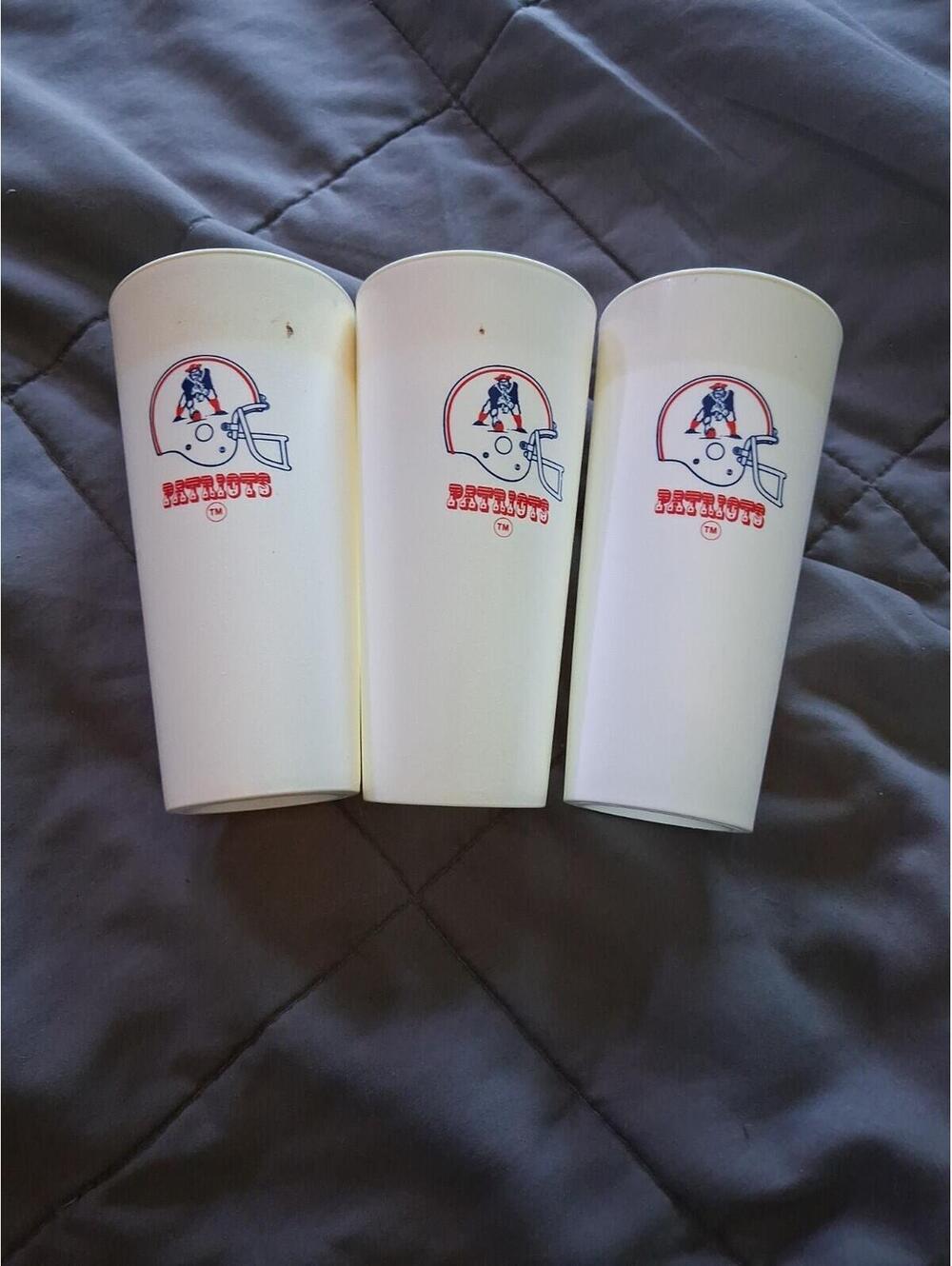 NE Patriots White Plastic Drinking Cups, set of 3, Vintage 1990s 6" Tall See Pic